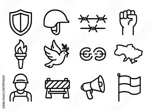 Ukrainian Resistance Icons. Outline icon set of Ukrainian resistance: shield, helmet, barbed wire, clenched
