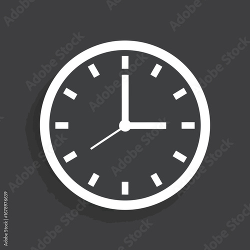 Minimalist white clock icon with a subtle shadow on a dark background, representing time, schedules, and deadlines in a clean, modern graphic design