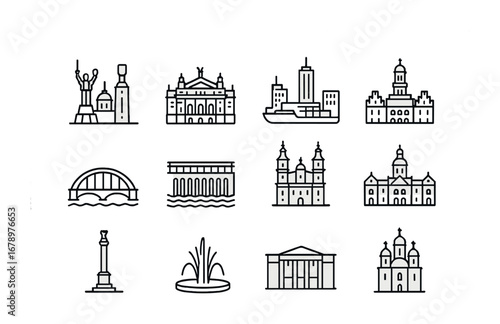Ukrainian City Icons. Outline icon set of Ukrainian cities: Kyiv skyline, Lviv opera house, Odesa port,