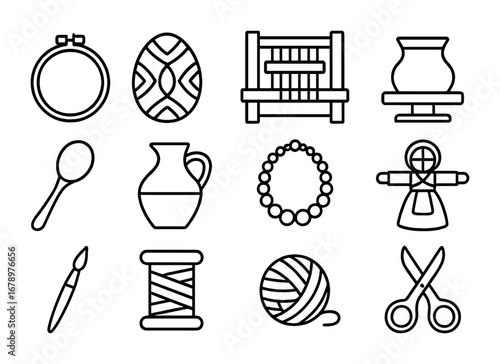 Ukrainian Crafts Icons. Outline icon set of Ukrainian crafts: embroidery hoop, pysanka egg, weaving loom,