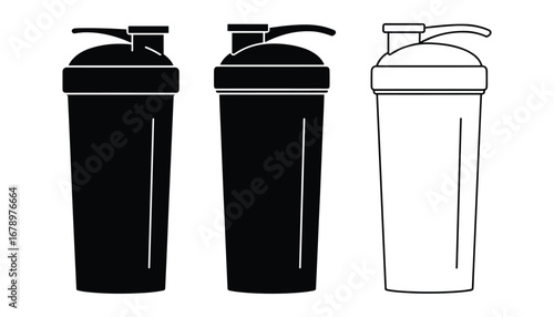 Black and white icons of three protein shaker bottles for fitness and sports vector illustration