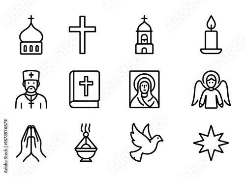 Ukrainian Religion Icons. Outline icon set of Ukrainian religion: church dome, cross, bell tower, candle,