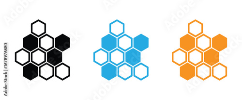 Geometric honeycomb pattern in black, blue, and orange,Propolis honeycomb icon. Hand drawn brush honey comb pattern. Image bee wax. Bee honey and propolis doodle vector illustration isolated,