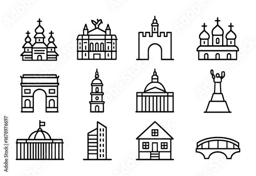 Ukrainian Architecture Icons. Outline icon set of Ukrainian architecture: wooden church, opera house, fortress