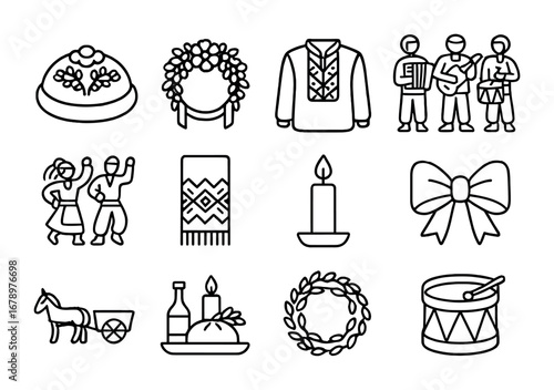 Ukrainian Tradition Icons. Outline icon set of Ukrainian traditions: wedding bread, flower crown, embroidered