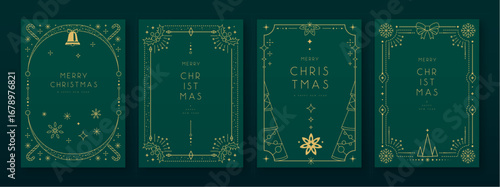 Set of modern Christmas frames or holiday greeting cards on emerald green background. Line art vector illustration
