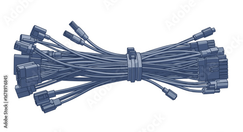 Close up of a bundle of black electrical cables with connectors.