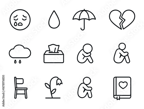Icons of Sadness. Outline icon set of sadness: crying face, raindrop, umbrella, broken heart, dark cloud,