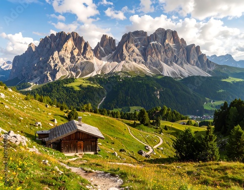 Wallpaper Mural A picturesque mountain valley scene, showcasing a quaint wooden chalet nestled amidst rolling hills and towering peaks, bathed in warm sunlight. Torontodigital.ca