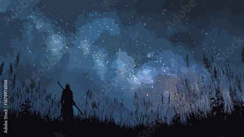 Heroic figure silhouetted against a breathtaking night sky, where luminous stardust paints a majestic cosmic tapestry above a serene wilderness