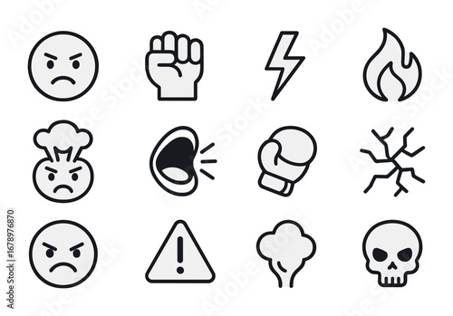 Anger Icons Collection. Outline icon set of anger: frowning face, clenched fist, thunderbolt, flame, exploding