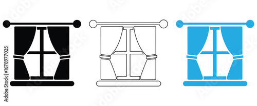 window icon Vector logo outline,Stylish window with curtains and sill, modern design element,