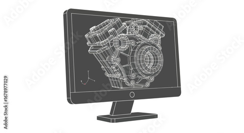 Computer screen displaying detailed 3D wireframe engine design blueprint.