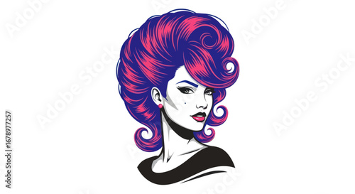 Stylish woman with a vibrant purple and pink pompadour hairstyle.