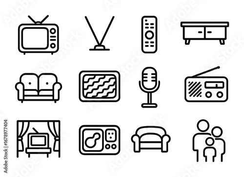 Retro TV Icon Set. Outline icon set of Retro TV shows: CRT television, antenna, rabbit ears, remote control,