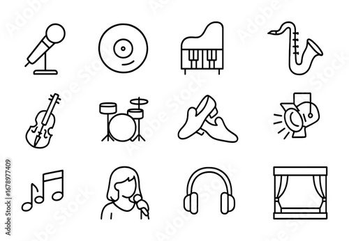 Musical Cinema Icon Set. Outline icon set of Musical cinema: microphone, record, piano, saxophone, violin,