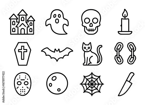 Horror Icons Set. Outline icon set of Horror classics: haunted house, ghost, skull, candle, coffin, bat, black