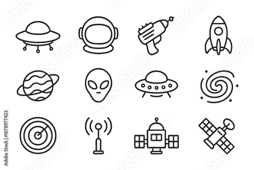 Sci-Fi Icon Set. Outline icon set of Sci-fi retro: UFO, astronaut helmet, ray gun, rocket, planet, alien,