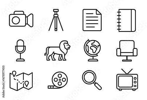 Documentary Icons Collection. Outline icon set of Documentary films: camera, tripod, script, notebook,