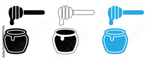 honey dipper icon Vector logo outline,Sweet honey jar and dipper icons in black, white, blue,Honey stick icon. Honey spoon vector illustration. Wooden dipper symbol. Liquid sweet dessert pictogram.