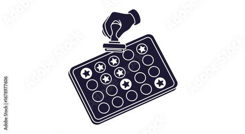 Hand stamping a blister pack of pills with plus and minus symbols.