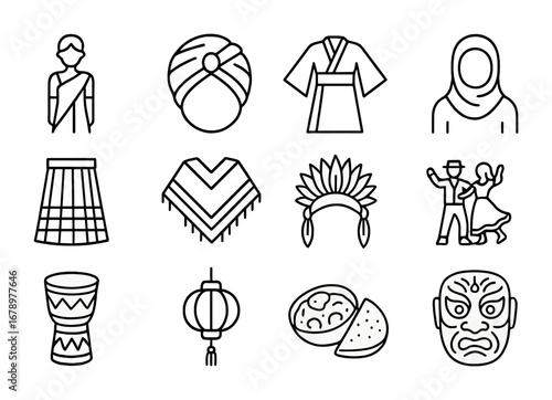Cultural Traditions Icons. Outline icon set of Cultural traditions: sari dress, turban, kimono, hijab, kilt,