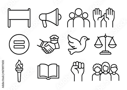 Social Justice Icons. Outline icon set of Social justice: protest banner, megaphone, crowd, raised hands,
