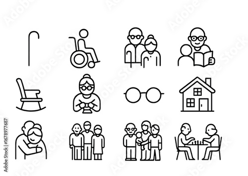 Elderly Inclusion Icons. Outline icon set of Elderly inclusion: cane, wheelchair, elderly couple, storytelling