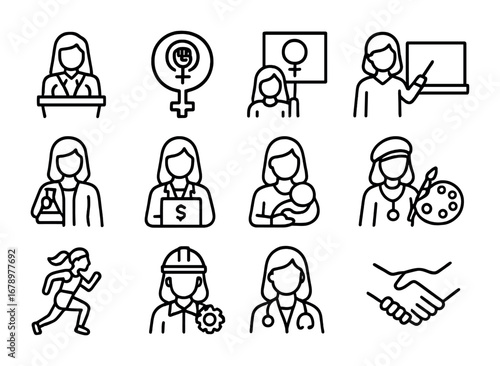 Empowered Women Icons. Outline icon set of Women empowerment: woman leader, feminist symbol, protest sign,