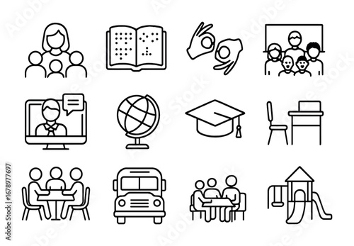 Inclusive Education Icons. Outline icon set of Inclusive education: teacher and students, braille book, sign