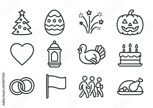 Holiday Icon Set. Outline icon set of Holiday moments: Christmas tree, Easter egg, New Year fireworks,