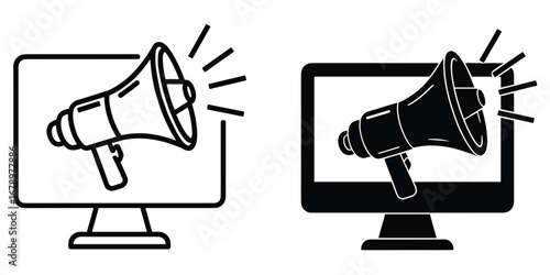 Digital Marketing Megaphone Icon on Computer Screen Line Art and Solid Fill advertising promotion