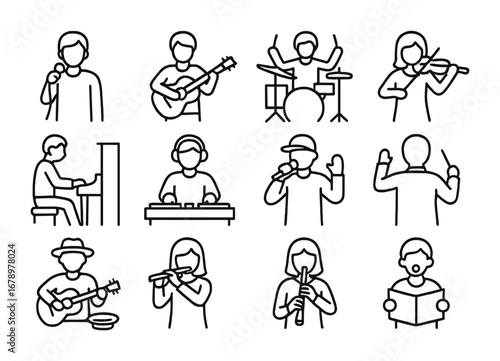 Music Icon Set. Outline icon set of People in music: singer, guitarist, drummer, violinist, pianist, DJ,