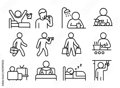 Daily Routine Icons. Outline icon set of Daily routines: waking up, brushing teeth, showering, eating