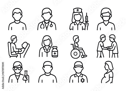 Healthcare Professionals Icons. Outline icon set of People in healthcare: patient, doctor with stethoscope,