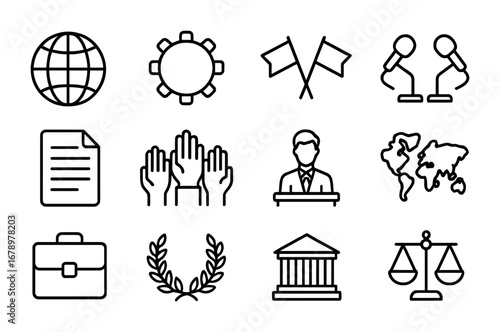 Multilateral Diplomacy Icons. Outline icon set of Multilateral diplomacy: globe, round table, flags,