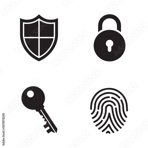 Security icons symbolizing data protection and access control representing privacy and authentication with a shield padlock key and fingerprint graphic isolated on a white background