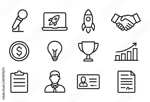 Startup Icons Grid. Outline icon set of Startup pitch competitions: microphone, laptop, rocket, handshake,