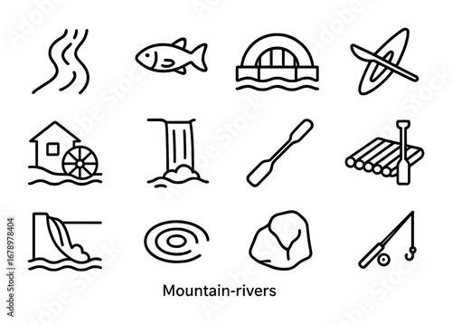 Mountain River Icons. Outline icon set of Mountain rivers: river curve, fish, bridge, canoe, watermill,