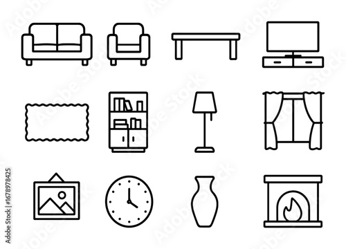Living Room Icons. Outline icon set of Living room: sofa, armchair, coffee table, TV, carpet, bookshelf, lamp,