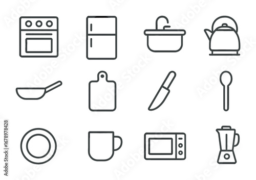 Kitchen Icon Set. Outline icon set of Kitchen interior: stove, fridge, sink, kettle, pan, cutting board, knife