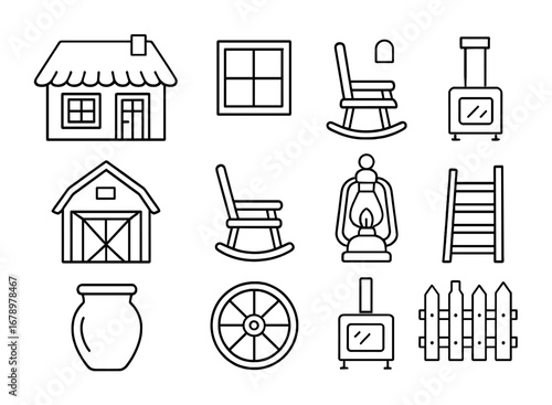 Traditional House Icons. Outline icon set of Traditional house: thatched roof, wooden window, chimney, barn,
