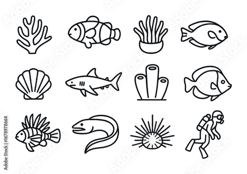 Coral Reef Icon Set. Outline icon set of Coral reef: coral branch, clownfish, sea anemone, parrotfish,