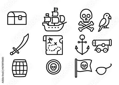 Pirate Icons Collection. Outline icon set of Pirates and sea legends: treasure chest, pirate ship, parrot,