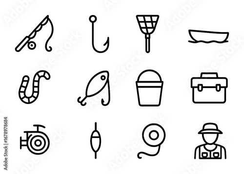 Fishing Gear Icons. Outline icon set of Fishing: fishing rod, fish hook, net, boat, worm, lure, bucket, tackle
