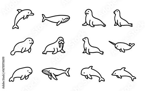 Marine Mammal Icons. Outline icon set of Marine mammals: dolphin, blue whale, orca, seal, manatee, walrus, sea