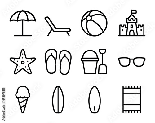 Beach Life Icons. Outline icon set of Beach life: umbrella, lounge chair, ball, sandcastle, starfish, flip