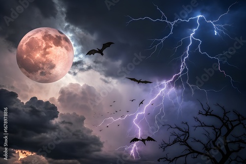 Beautiful sky view under a full moon, with silhouettes of bats, lightning, clouds and aurora lights. Design illustration