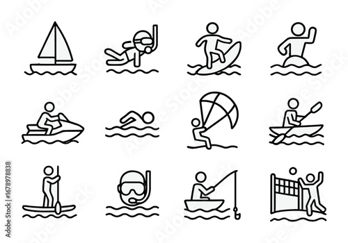 Ocean Sports Icons. Outline icon set of Ocean sports: sailing, diving, surfing, water polo, jet ski, swimming,