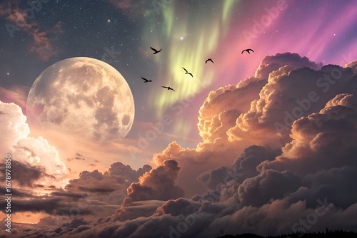 Beautiful sky view under a full moon, with silhouettes of bats, lightning, clouds and aurora lights. Design illustration